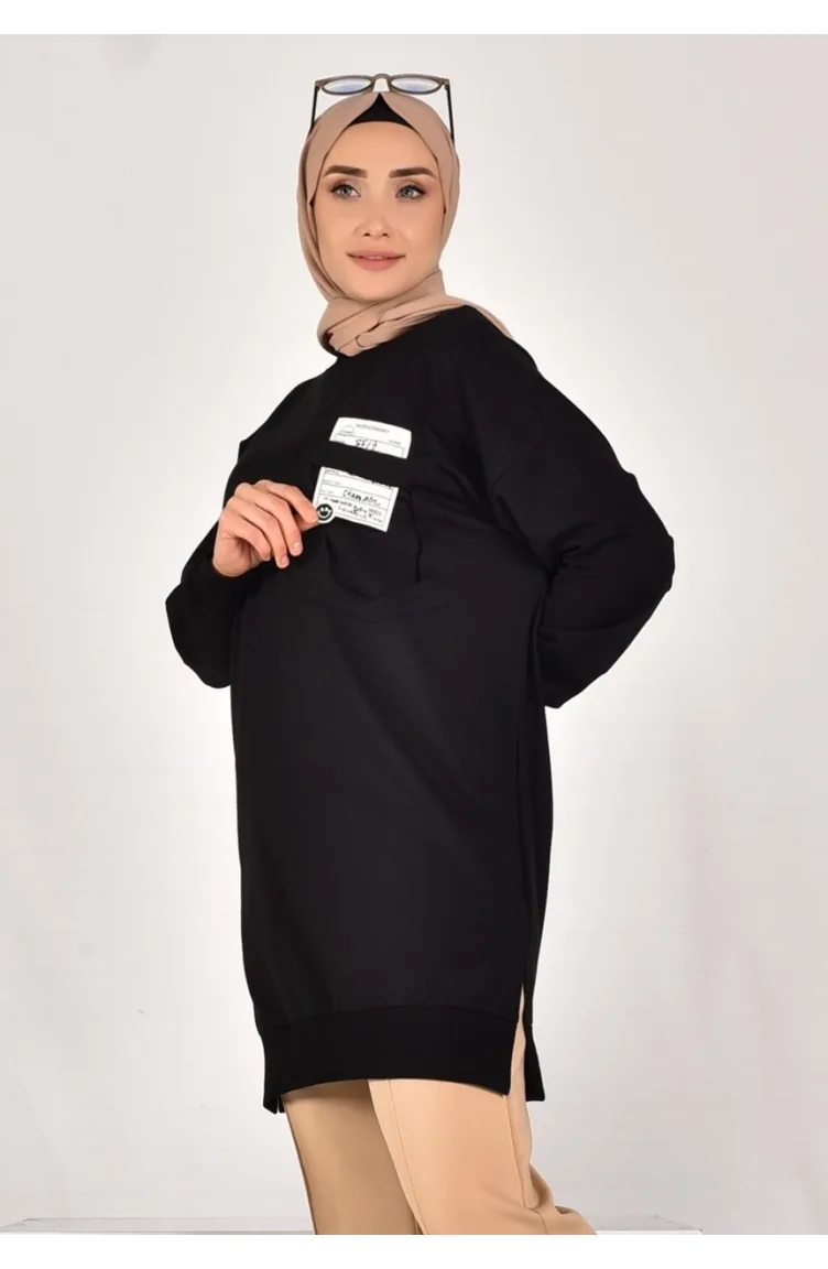 Pointe Sweatshirt Van Twee Draads Stof Met Zak En Tekstdetail 10597-04 Zwart 10597-04