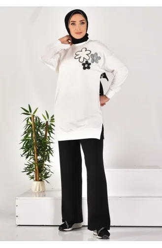 نوكتاي - سويت شيرت قماش بخيطين وطبعات زهور 10568-01 لون إكرو 10568-01