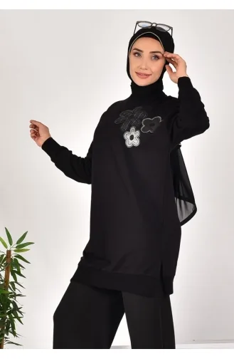 نوكتاي - سويت شيرت من القماش بخيطين وطبعات زهور 10568-02 لون أسود 10568-02