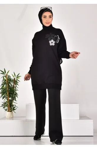 نوكتاي - سويت شيرت من القماش بخيطين وطبعات زهور 10568-02 لون أسود 10568-02