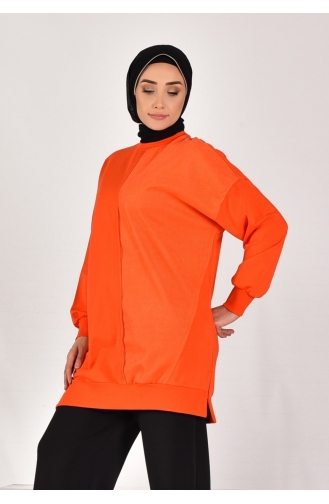 Puane Iki Iplik Kumaş Çizgili Kumaş Garnili Sweatshirt 10569-01 Oranj