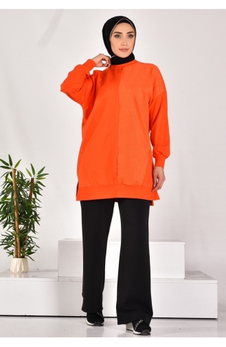 Puane Iki Iplik Kumaş Çizgili Kumaş Garnili Sweatshirt 10569-01 Oranj
