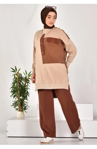 Puane İki İplik Kumaş Düğme Ve Kumaş Detayli Swetshirt 10588-02 Taş