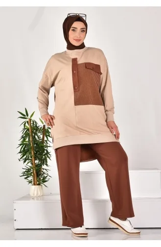 Puane İki İplik Kumaş Düğme Ve Kumaş Detayli Swetshirt 10588-02 Taş