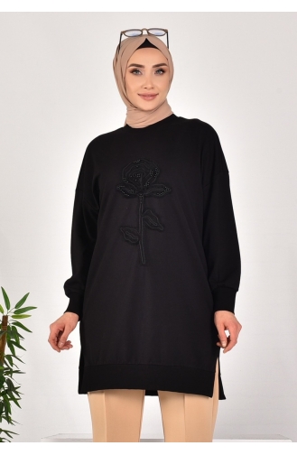 Puane İki İplik Kumaş İncili Ve Nakişli Sweatshirt 10584-01 Siyah