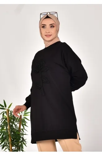 Puane Two Thread Fabric Pearl And Embroidered Sweatshirt 10584-01 Black 10584-01