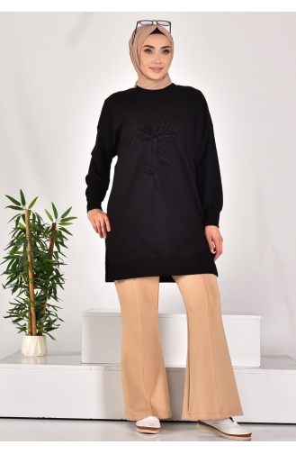 Puane İki İplik Kumaş İncili Ve Nakişli Sweatshirt 10584-01 Siyah