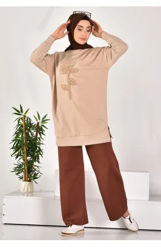 Puane İki İplik Kumaş İncili Ve Nakişli Sweatshirt 10584-02 Taş