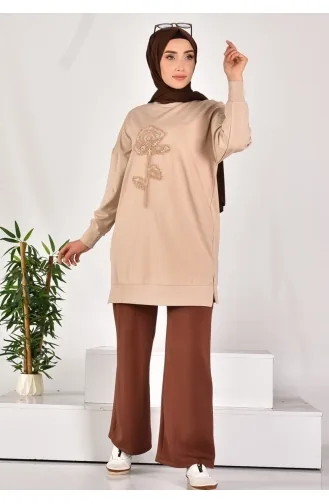 Puane İki İplik Kumaş İncili Ve Nakişli Sweatshirt 10584-02 Taş