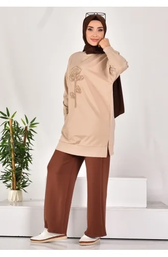 Puane İki İplik Kumaş İncili Ve Nakişli Sweatshirt 10584-02 Taş