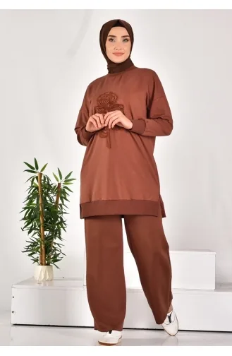 Puane İki İplik Kumaş İncili Ve Nakişli Sweatshirt 10584-03 Kahverengi
