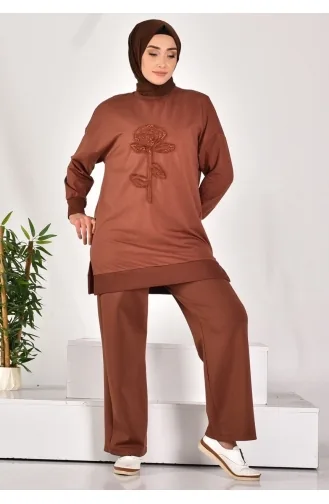 Puane İki İplik Kumaş İncili Ve Nakişli Sweatshirt 10584-03 Kahverengi