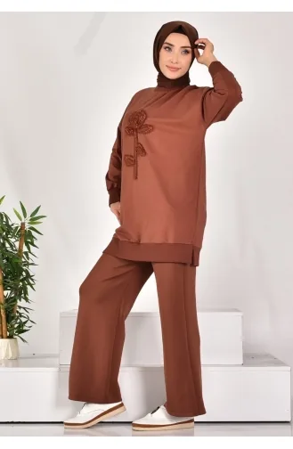 Puane İki İplik Kumaş İncili Ve Nakişli Sweatshirt 10584-03 Kahverengi