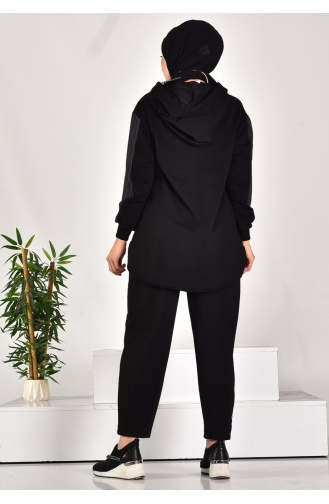 Puane Two Thread Fabric Hooded And Fabric Garnished Two Piece Suit 14253-01 Black 14253-01