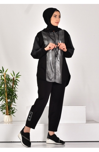 Puane Two Thread Fabric Hooded And Fabric Garnished Two Piece Suit 14253-01 Black 14253-01