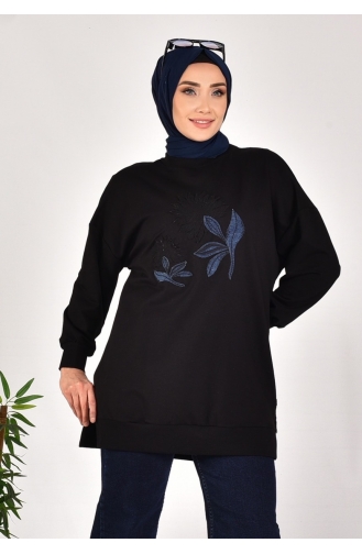 Sweat Pointe à Deux Fils Garni De Denim 10573-01 Noir 10573-01