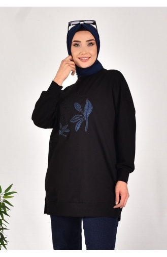 Sweat Pointe à Deux Fils Garni De Denim 10573-01 Noir 10573-01