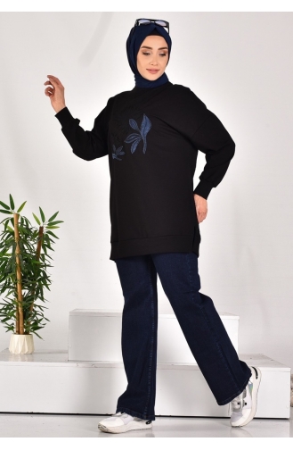 Sweat Pointe à Deux Fils Garni De Denim 10573-01 Noir 10573-01