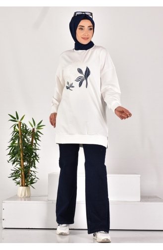 Puane Two Thread Fabric Denim Garnished Sweatshirt 10573-02 Ecru 10573-02