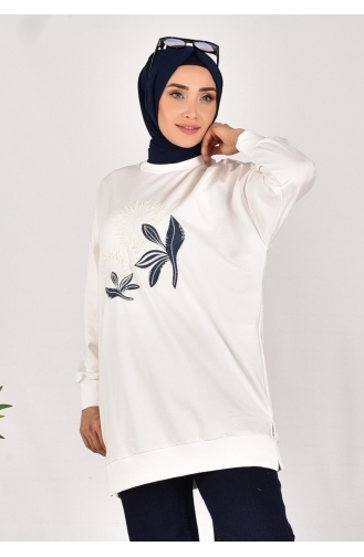 Puane Two Thread Fabric Denim Garnished Sweatshirt 10573-02 Ecru 10573-02