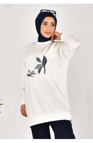 Puane Two Thread Fabric Denim Garnished Sweatshirt 10573-02 Ecru 10573-02