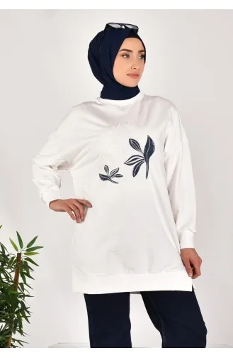 Puane Two Thread Fabric Denim Garnished Sweatshirt 10573-02 Ecru 10573-02
