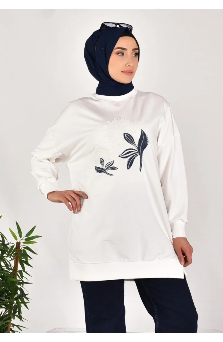 Puane Two Thread Fabric Denim Garnished Sweatshirt 10573-02 Ecru 10573-02