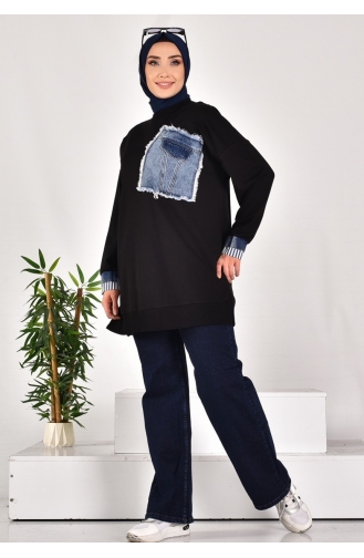 Noktae Two Thread Fabric Denim Fabric Garnished Sweatshirt 10566-01 Schwarz 10566-01