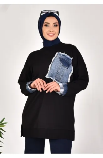 Noktae سويت شيرت من قماش الدنيم بخيطين 10566-01 لون أسود 10566-01