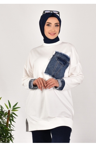 Noktae Tweedraads Stof Denimstof Gegarneerd Sweatshirt 10566-02 Ecru 10566-02
