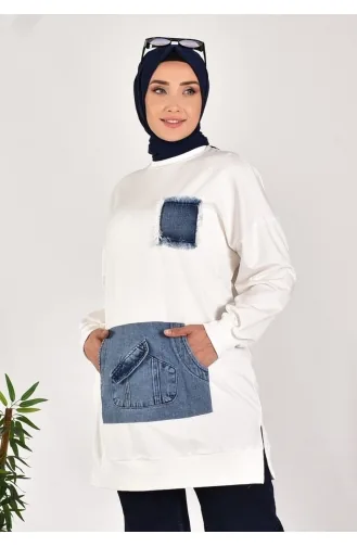 Puane Two Thread Fabric Denim Fabric Kangaroo Pocket Sweatshirt 10560-01 Ecru 10560-01