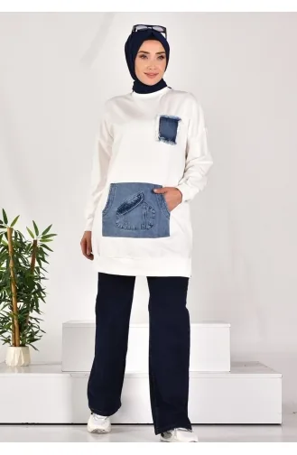 Puane Two Thread Fabric Denim Fabric Kangaroo Pocket Sweatshirt 10560-01 Ecru 10560-01