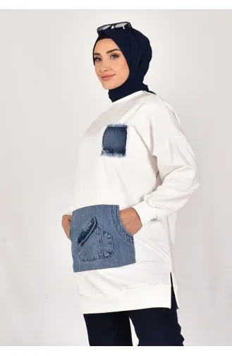 Puane Two Thread Fabric Denim Fabric Kangaroo Pocket Sweatshirt 10560-01 Ecru 10560-01
