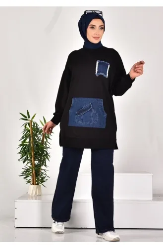 Noktae Two-Thread-Stoff Denim-Stoff Känguru-Taschen-Sweatshirt 10560-02 Schwarz 10560-02