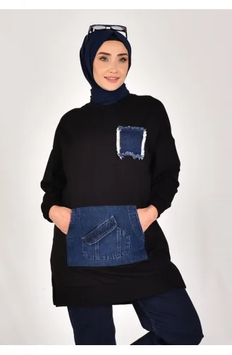 Noktae Two-Thread-Stoff Denim-Stoff Känguru-Taschen-Sweatshirt 10560-02 Schwarz 10560-02