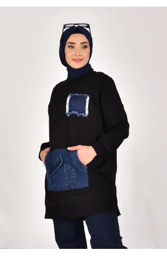 Noktae Two-Thread-Stoff Denim-Stoff Känguru-Taschen-Sweatshirt 10560-02 Schwarz 10560-02
