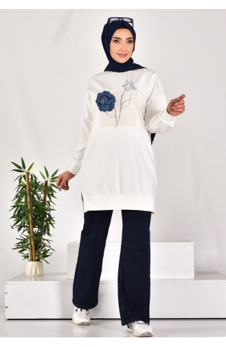 Noktae Sweatshirt Met Twee Draden Geborduurd En Gebloemd 10575-01 Ecru 10575-01