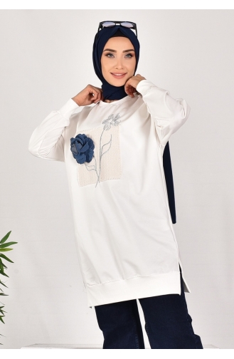 Noktae Sweatshirt Met Twee Draden Geborduurd En Gebloemd 10575-01 Ecru 10575-01