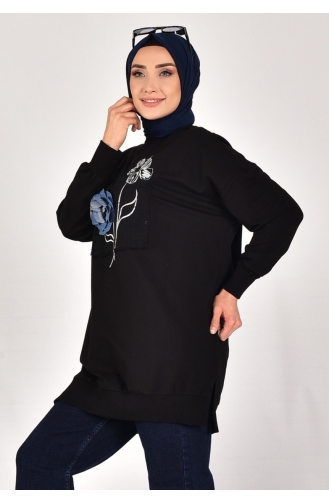 Spitzen-Sweatshirt Aus Zweifädigem Stoff Mit Stickerei Und Blumenmuster 10575-02 Schwarz 10575-02