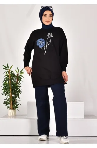 Sweat Pointe à Deux Fils Brodé Et Fleuri 10575-02 Noir 10575-02