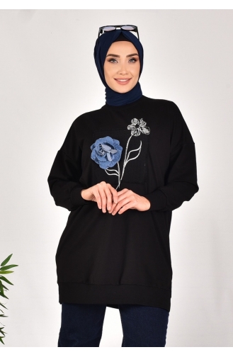 Spitzen-Sweatshirt Aus Zweifädigem Stoff Mit Stickerei Und Blumenmuster 10575-02 Schwarz 10575-02