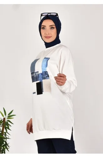 Puane İki İplik Kumaş Önü Kumaş Garnili Sweatshirt 10582-02 Ekru
