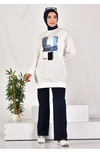 Puane İki İplik Kumaş Önü Kumaş Garnili Sweatshirt 10582-02 Ekru