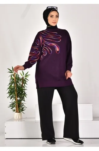 Puane Two Thread Fabric Knitted Patterned Sweatshirt 10583-01 Purple 10583-01