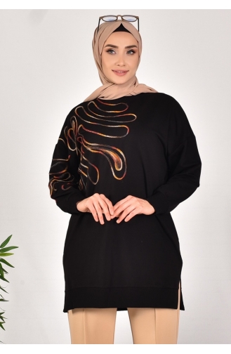 Gestricktes Gemustertes Sweatshirt Aus Zweifädigem Pointe-Stoff 10583-03 Schwarz 10583-03