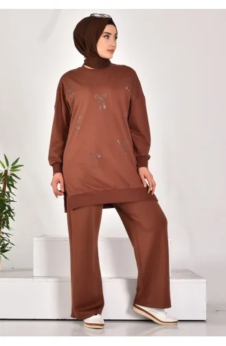 Puane Two Thread Fabric Stone Printed Sweatshirt 10593-03 Brown 10593-03