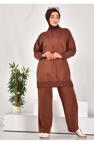 Puane İki İplik Kumaş Taş Desenli Sweatshirt 10592-01 Kahverengi