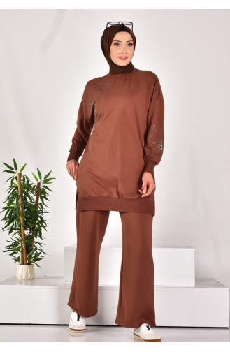 Puane İki İplik Kumaş Taş Desenli Sweatshirt 10592-01 Kahverengi