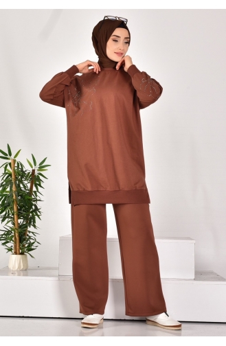 Puane İki İplik Kumaş Taş Desenli Sweatshirt 10592-01 Kahverengi