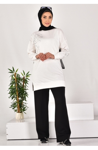 Puane İki İplik Kumaş Taş Desenli Sweatshirt 10592-02 Ekru
